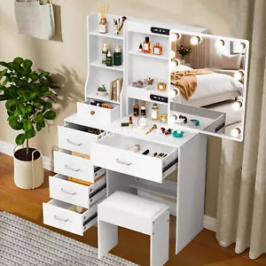 Bedroom Dressing Table Stool Set Make up Desk with LED Lights Mirror Vanity Desk - Picture 1 of 10