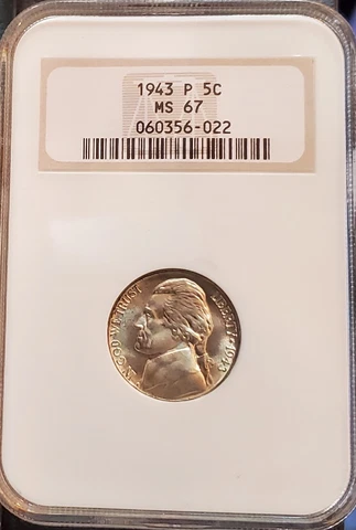 1943 P Jefferson Silver Nickel NGC MS67 White - Lustrous Light Rainbow Forming Cover