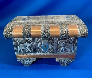 COPPER & SILVER COLORED TOOLED METAL JEWELRY BOX ELEPHANTS OUTSIDE VELVET INSI - Picture 1 of 9