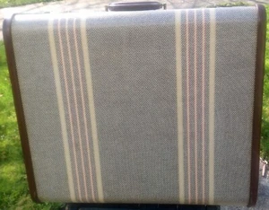 Vintage 1940's Mendel Tweed Striped Suitcase Luggage Leather Handle and Trim - Picture 1 of 12