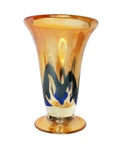 Handblown Studio Art Glass Vase Iridescent Amber Blue Swirled 6.5" Vase - Picture 1 of 9