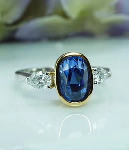 Natural Unheated GIA 3.66ct Sapphire Pear Diamond 3 Stone Ring Platinum Estate - Picture 1 of 11