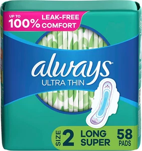 Always Ultra Thin Feminine Pads for Women, Size 2 Long Super Absorbency, with Wi - Picture 1 of 12