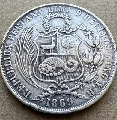 1869 Peru Un Sol .900 Silver Coin – Lima Mint – Rare Early Type w/ Chop Mark - Image 1 of 4