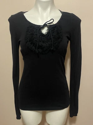 De colección BCBG Paris Goth Negro Manga Larga Y2K Top Borde Áspero Volantes Cuello Atado Pequeño Foto 1 de 4