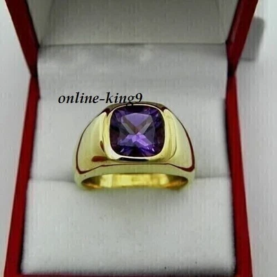 6ct Cushion Cut Natural Amethyst Men's Ring 14K Solid Yellow Gold With Certified - Image 1 of 4
