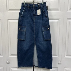 ANA Blue Denim Cargo Skirt Sz 2 High-Rise Maxi Front Slit Pockets New - Picture 1 of 12