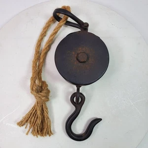 Vintage Farmhouse Metal Decor Pulley w/ Rope 19 inches Decor Garage Barn - Picture 1 of 5