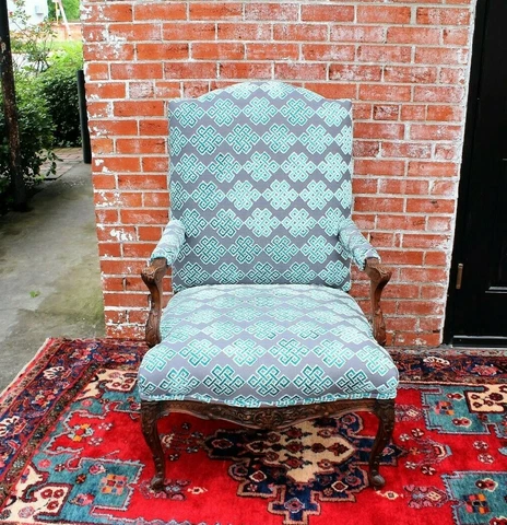French Antique Louis XV Upholstered Armchair c. 1880s New Upholstery Blue Purple Cover