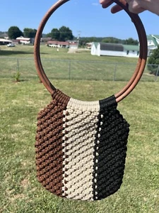 Vintage 70's Boho Macramé Shoulder Bag Faux Wood Handle - Picture 1 of 16