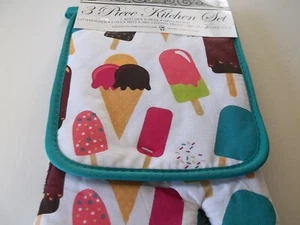 JUEGO DE COCINA IMPRESO 3 PIEZAS: 1 SOPORTE PARA OLLA, 1 TOALLA Y 1 GUANTE PARA HORNO, CONOS para helados - Imagen 1 de 2