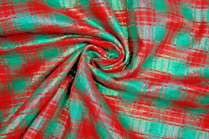 3+ Yards Red Green Plaid Shinny Semi Sheer Loose Weave  Fabric 130" X 44" - Picture 1 of 3