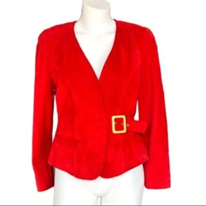 Retro 80s Danier Leather Genuine Suede Red Siren Shoulder Pads Fitted Jacket XS - Picture 1 of 9