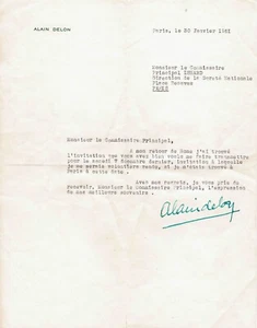 Alain DELON -  Lettre signée à un Commissaire après "Plein Soleil" - 1961 - Imagen 1 de 1