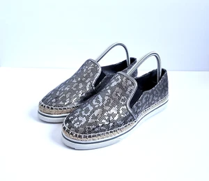 JIMMY CHOO Dawn Metallic Pewter Leather Espadrilles EU 39 US 9 Slip On Leopard - Picture 1 of 17