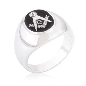 Men's Unisex Silvertone Black Onyx Cubic Zirconia Masonic Ring Size 9-14 - Picture 1 of 1