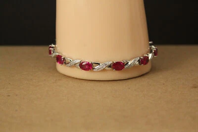 Oval Syn Red Rubies Stones Sterling Silver 925 Tennis Bracelet 8" 13.7g (BR5345) - Image 1 of 4