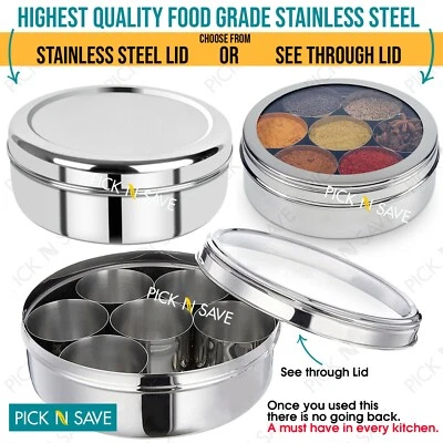 PNS Authentic Indian Spice Box Tin | Masala Dabba | Spices Storage | FREE Spoon