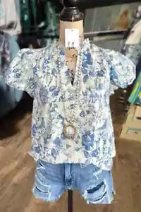 Floral Print Ruffle V-Neck Puff Sleeve Top- Small - Picture 1 of 6