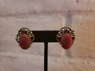 Vintage Signed ?TARA? Red Gold Glass Cabochon Ornate Clip-On Earrings 1970s Chic