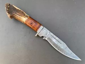 Custom Gift Handmade Damascus Steel Hunting Knife, Stag Antler Deer Horn Handle - Picture 1 of 11
