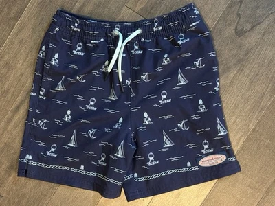 Vineyard Vines Boys 7 Swim Trunks Performance Printed Chappy Nautical Navy LN - Image 1 of 4