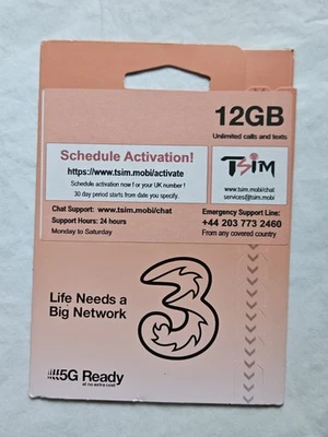 Three PAYG Preloaded 12GB 4G 5G Data SIM Mobile Broadband lasts up To 12 months - Image 1 of 3