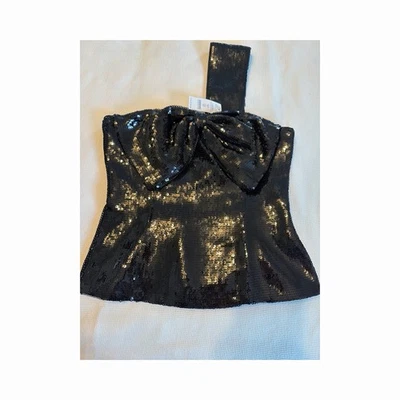 One-Shoulder Black Sequin Bow Bustier - White House Black Market New Size 0P - Image 1 of 4