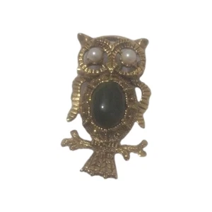 Broche/colgante BÚHO de colección verde gelatina vientre imitación perlas ojos ornamentado engaste dorado - Imagen 1 de 4