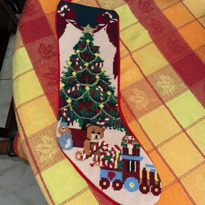 Christmas Stocking Counted Cross Stitch Christmas Tree & Toys Velveteen Back 19" - Picture 1 of 9