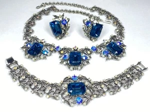 Vintage Ornate SET Silver Tone Blue AB Stones Necklace Clip Earrings Bracelet - Bild 1 von 20