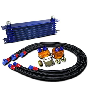 Blue 7 Row 10-AN Engine/Transmission Oil Cooler+Black Filter Relocation Kit - Picture 1 of 8