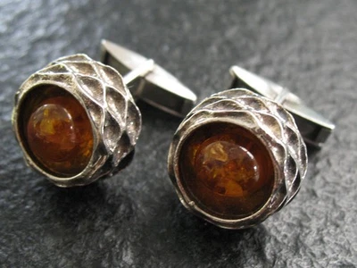 Manschettenknöpfe Silber 835 Fischland Schmuck Vintage mit Bernstein  - Bild 1 von 4