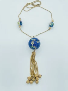 VTG Signed Haskell Russian Gold Plated Necklace Large Blue Cloisonne Pendant 35" - Picture 1 of 23