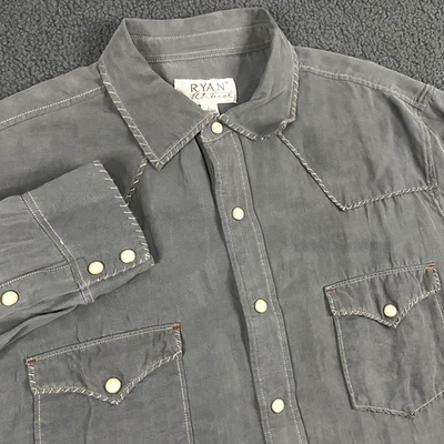 Ryan Michael Shirt Mens Large Western Pearl Snap Silk Linen Long Sleeve Stitch - Image 1 of 4