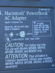Vintage Apple M5140 APS-20U Powerbook Power Supply - DC 7.5V - 2A - Picture 1 of 1
