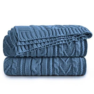 Dusty Blue Cable Knit Throw Blankets for Couch Bed Sofa Acrylic Knitted Blank... - Picture 1 of 7