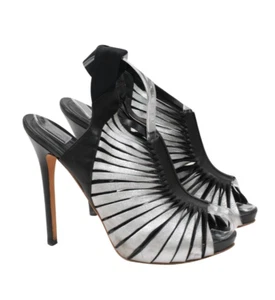 Sandalias Alexander McQueen Cage US9.5 EU39.5 Negro Plata Cuero 130m Tacón - Imagen 1 de 6