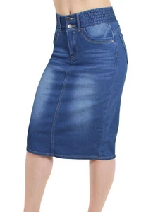 Women's Juniors / Plus Butt Lifting Pencil Denim Midi Skirt with Elastic Waist - Picture 1 of 15