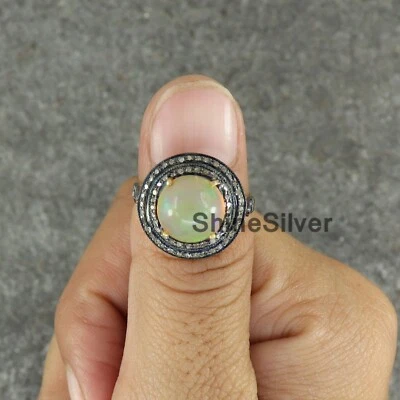 Anillo banda pavé de diamantes de plata fina enchapado en oro ópalo de fuego natural EE. UU. 6,5 Foto 1 de 4