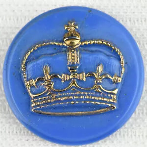 Vintage Blue Glass Sewing Picture Button Gold Outline Royal Crown 7/8" - Picture 1 of 5