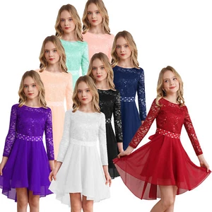 US Kids Flower Girl High Low Dress Long Sleeve Sequins Lace Formal Ball Gown - Picture 1 of 79