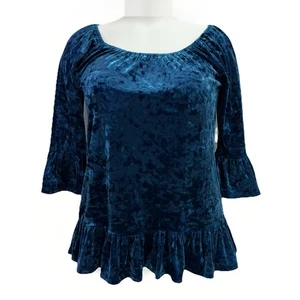 Strand Mittagessen Lounge blau Samt Tunika Top Rüschensaum Glockenärmel Small - Bild 1 von 8