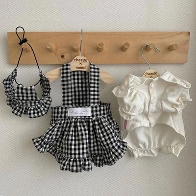 3pcs Cute Pet Clothes Set (M) - Plaid Print Dress, Ruffle Trim Hat & White Shirt - Image 1 of 4