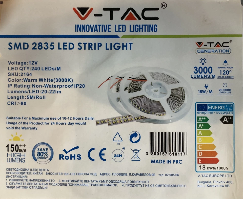 BOBINA STRIP LED HIGH LUMEN 3000LUMEN/M SMD2835 3000K BIANCO CALDO VTAC 2164 12V - Immagine 1 di 1