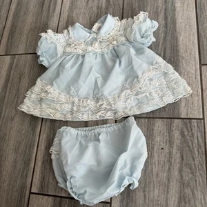Baby Girls Vintage 2 Piece Set Blue White Ruffles Smock Bloomers 18 Months - Picture 1 of 10