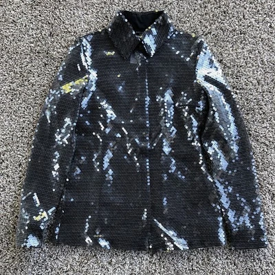 $1990 Blusa Akris Lentejuelas Líquidas Talla 2 Gris Transparente Camisa Cubierta con Botones F/2023 Foto 1 de 4