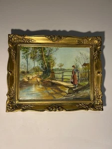 Vintage Ölgemälde auf Leinwand Landschaft mit Menschen & Tieren, verzierter Rahmen - Bild 1 von 8