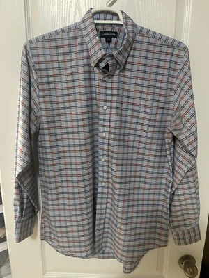 Camisa de vestir Lands End azul a cuadros 16-35 con patrón rojo, naranja, marrón, azul Foto 1 de 4