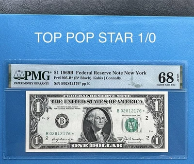 $1 1969B NEW YORK STAR NOTE FRN, TOP POP 1/0, GEM PMG 68 EPQ FR 1905-B* B BLOCK - Image 1 of 4
